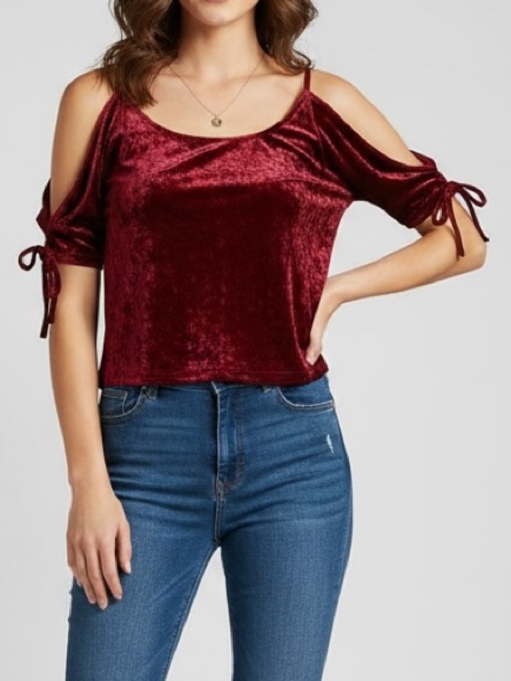 Bebe | Wine red velvet like cold shoulder scoop neck stretch short sleeve blouse